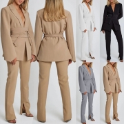 Elegant Two-piece Suit Set Consist of Self-tie Blazer and Slit Pants
