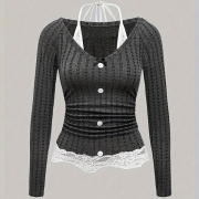 Fashion Lace Spliced Halterneck Long Sleeve Front Button Ruched Shirt