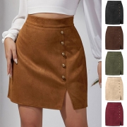 Fashion High-rise Side Button Slit Suede Skirt