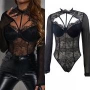 Sexy Front Cutout Mock Neck Long Sleeve Lace Spliced Gauze Lingerie Bodysuit