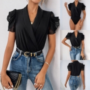 Fashion Lapel V-neck Gauze Spliced Puff Short Sleeve Bodysuit