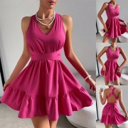 Sexy Halterneck V-neck Sleeveless Backless Self-tie Mini Dress