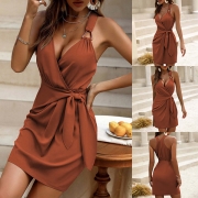 Fashion V-neck Sleeveless Self-tie Dress