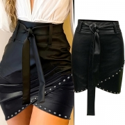 Fashion High-rise Self-tie Rivet Irregular Hemline Artificial Leather PU Skirt