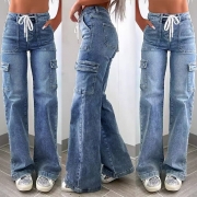 Street Fashion Drawstring High-rise Side Patch Pockets Straight-cut Old-washed Denim Jeans