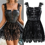 Sexy Lace Spliced Lace Front Lace-up Backless Nightwear Dress