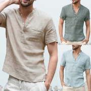 Fashion Solid Color Button V-neck Short Sleeve Shirt for Men