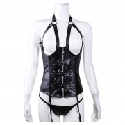 Punk Style Front Cut Out Halter Neck Front Zipper Bucket Artificial Leather PU Shirt for Cosplay