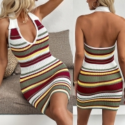 Fashion Contrast Color Halterneck V-neck Backless Bodycon Knitted Dress