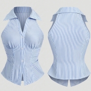 Striped Sleeveless Shirt with Outer Collar Design