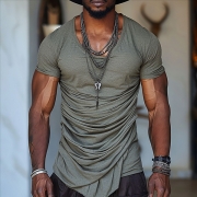 Solid Color Fitted Pleated Tee with Short Sleeves