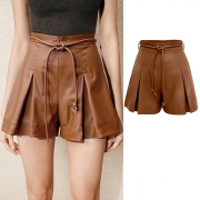 Fashion Pleated Self-tie High-rise Artificial Leather PU Shorts