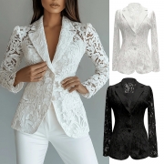 Elegant Notch Lapel Long Sleeve Floral Jacquard Lace Blazer with Lined