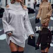 Fashion Mock Neck Open-shoulder Cable Long Sleeve Sweater Dress