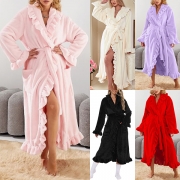 Comfy Warm Solid Color Ruffle Lapel Long Sleeve Self-tie Robe Pajamas