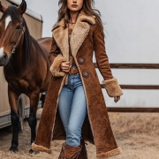 Vintage Notch Lapel Long Sleeve Plushed Lined Suede Longline Coat