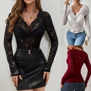 Fashion V-neck Long Sleeve Semi-through Lace Shirt
