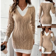 Fashion Contrast Color Stand Collar Long Sleeve Cable Knitted Sweater Dress