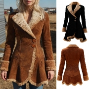 Vintage Notch Lapel Long Sleeve Button Irregular Hemline Plush Lined Jacket