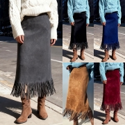 Fashion Solid Color High-rise Tassel Hemline Pencil Suede Skirt