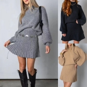 Fashion Knitted Two-piece Set Consist of Sweater and Pleated Skirt