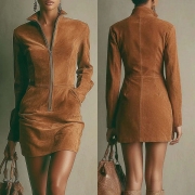 Fashion Half-zipper Stand Collar Long Sleeve Side Pockets Bodycon Dress
