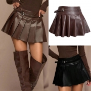 Fashion Solid Color Pleated Buckle Artificial Leather PU Mini Skirt