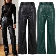 Fashion Solid Color Straight-cut Artificial Leather PU Pants