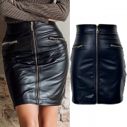 Fashion High-rise Front Zipper Artificial Leather PU Slim-fit Skirt