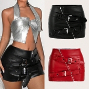 Street Fashion High-rise Slant Zipper Buckle Strap Artificial Leather PU Mini Skirt