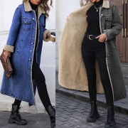 Fashion Stand Collar Long Sleeve Warm Plush Lined Longline Old-washed Denim Jacket