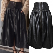 Fashion Smocked Waist Front Zipper Slit Artificial Leather PU A-lined Skirt