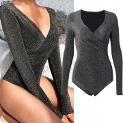 Fashion Bling-bling V-neck Long Sleeve Ruched Bodysuit
