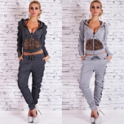 Fashion Leopard Spliced Long Sleeve Hooded Casual Sports Suit