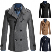 Fashion Solid Color Long Sleeve Double-breasted Men Woolen Coat