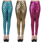 Fashion High Waist Fish Scales Printed Faux Leather Skinny Leggings