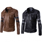 Fashion Long Sleeve POLO Collar Men's PU Leather Jacket