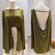 Sexy Backless Long Sleeve High-low Hem Solid Color T-shirt