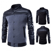 Fashion PU Leather Spliced Long Sleeve Stand Collar Men's Jacket