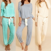 Fashion Solid Color Long Sleeve Round Neck Lace-up Sports Suit