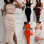 Sexy Sleeveless Turtleneck Crop Tops + High Waist Bust Skirt Two-piece Set