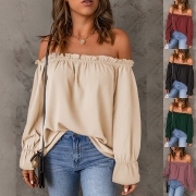 Sexy Slash Neck Long Sleeve Solid Color Tops