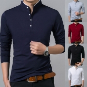 Fashion Solid Color Oblique Buttons Long Sleeve Slim fit Men's T-shirt