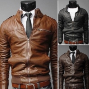 Fashion Front Zipper Stand Collar Long Sleeve Slim-fitting Men's PU Jacket