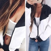 Casual Style Contrast Color Front Zipper Long Sleeve Hooded Coat