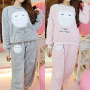 Cute Owl Pattern Long Sleeve Round Neck Warm Sleepwear Set