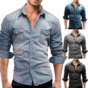 Fashion Solid Color Long Sleeve Denim Slim Fit Men's Shirt