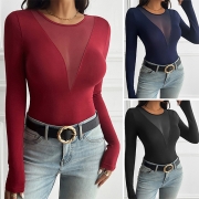 Sexy See-through Gauze Spliced Long Sleeve Round Neck T-shirt