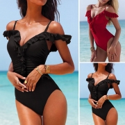 Sexy Off-shoulder Deep V-neck Ruffle Solid Color One-piece Swimsuit