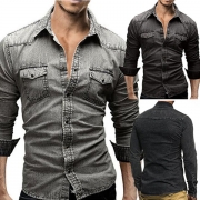 Retro Style Long Sleeve POLO Collar Men's Denim Shirt